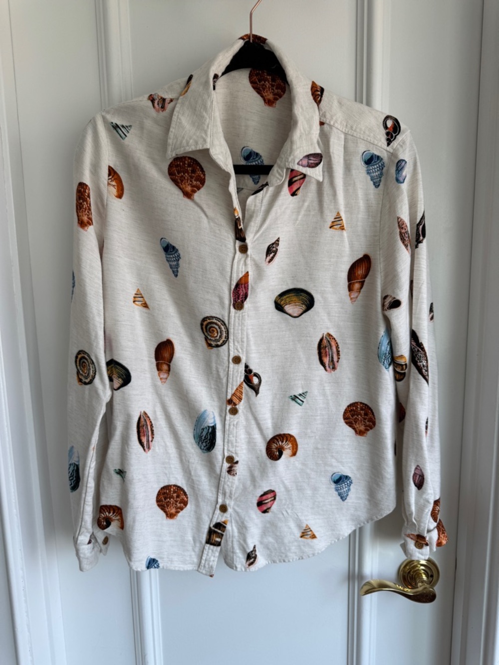 Jane and Delancey Cream Shell Print Button-Down Shirt Size Large Women